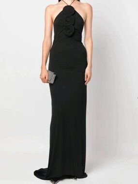 Magda Butrym Black Strapless Rosette Halter neck Maxi Gown Dress